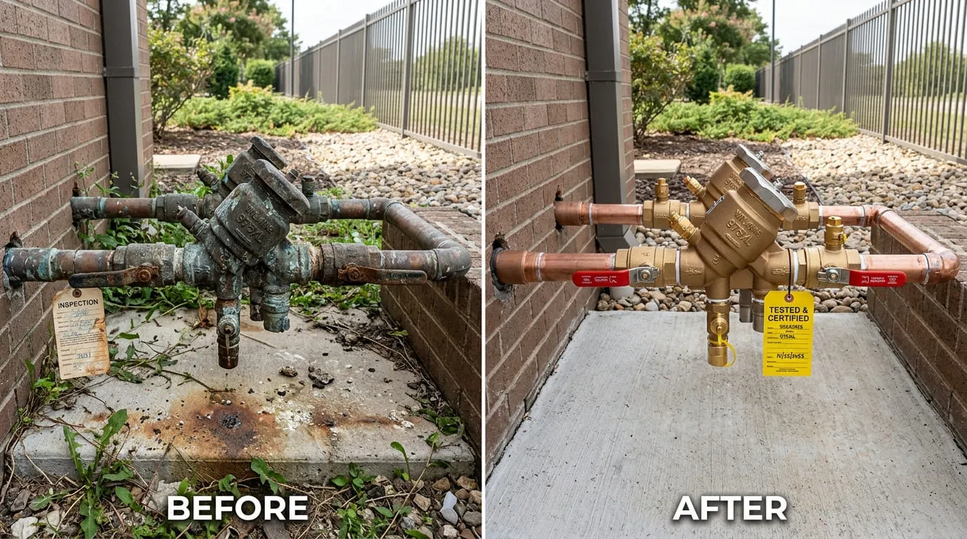 Backflow Preventer Replacement Certification Before and After - Belmar Wood Plumbing Lakewood CO