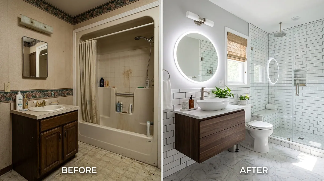 Bathroom Remodel Tub-to-Shower Conversion Before & After — Belmar Wood Plumbing Lakewood CO