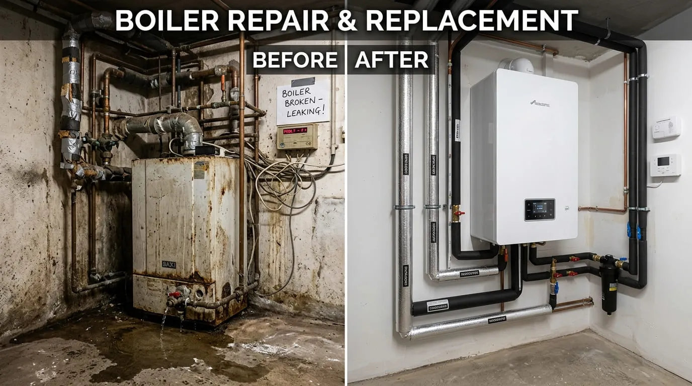 Boiler Replacement Installation Before and After - Belmar Wood Plumbing Lakewood CO