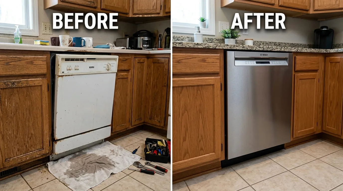 Dishwasher Repair and New Unit Installation Before and After - Belmar Wood Plumbing Lakewood CO