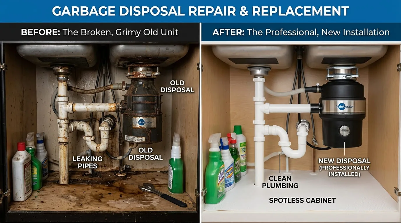 Before and After Garbage Disposal Repair and Replacement - Belmar Wood Plumbing Lakewood CO