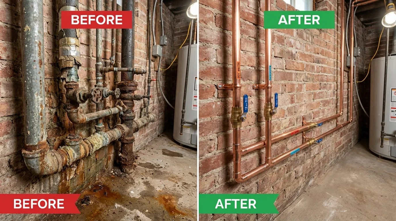Pipe Repiping Repair Before and After - Belmar Wood Plumbing Lakewood CO
