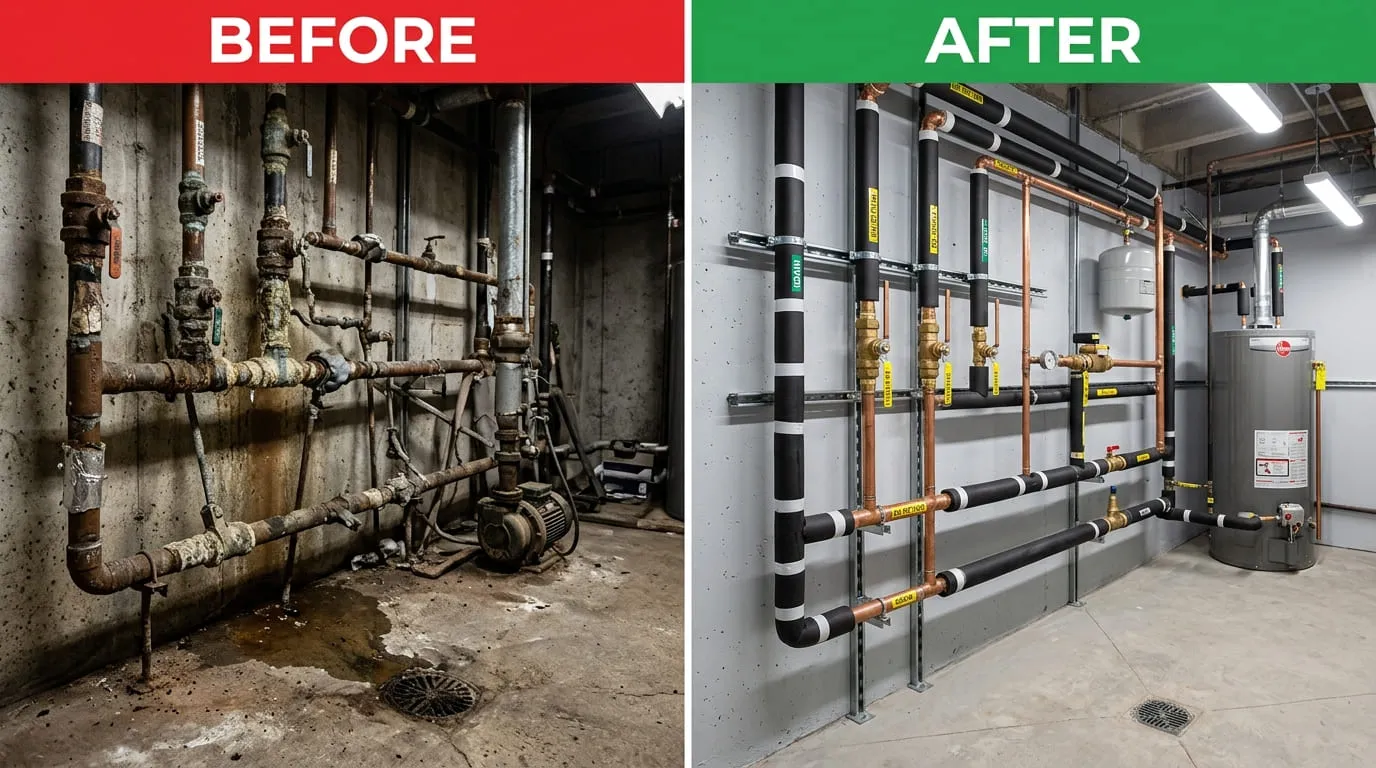 Commercial Pipe Repiping Before and After - Belmar Wood Plumbing Lakewood CO