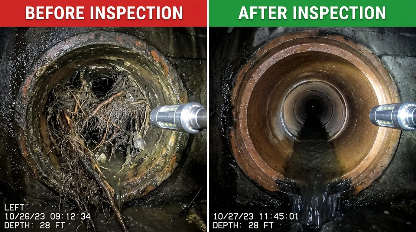 Sewer Camera Inspection Root Intrusion Removal Before After - Belmar Wood Plumbing Lakewood CO