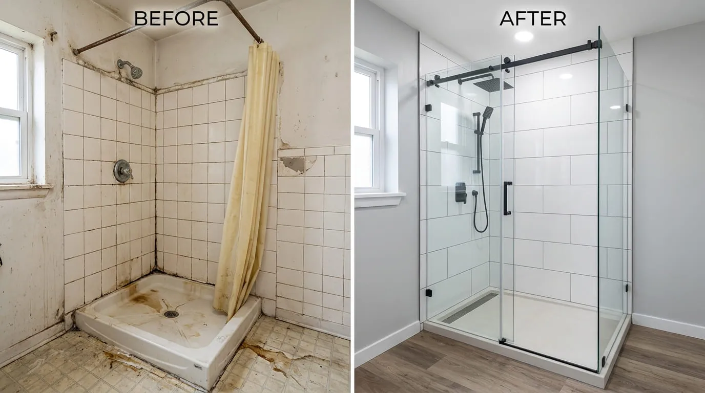 Shower Replacement Remodel Before and After - Belmar Wood Plumbing Lakewood CO