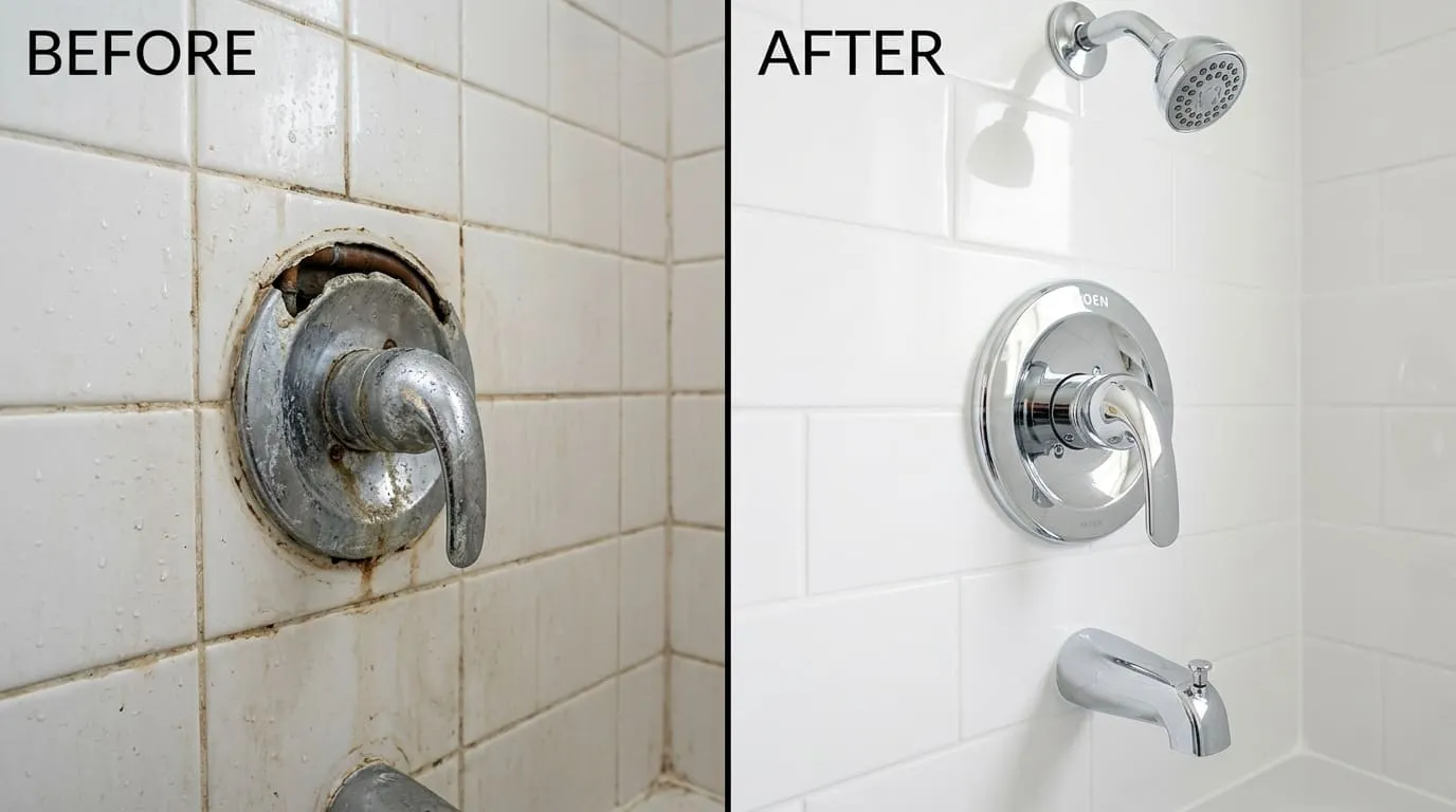 Shower Valve Repair Before and After - Belmar Wood Plumbing Lakewood CO