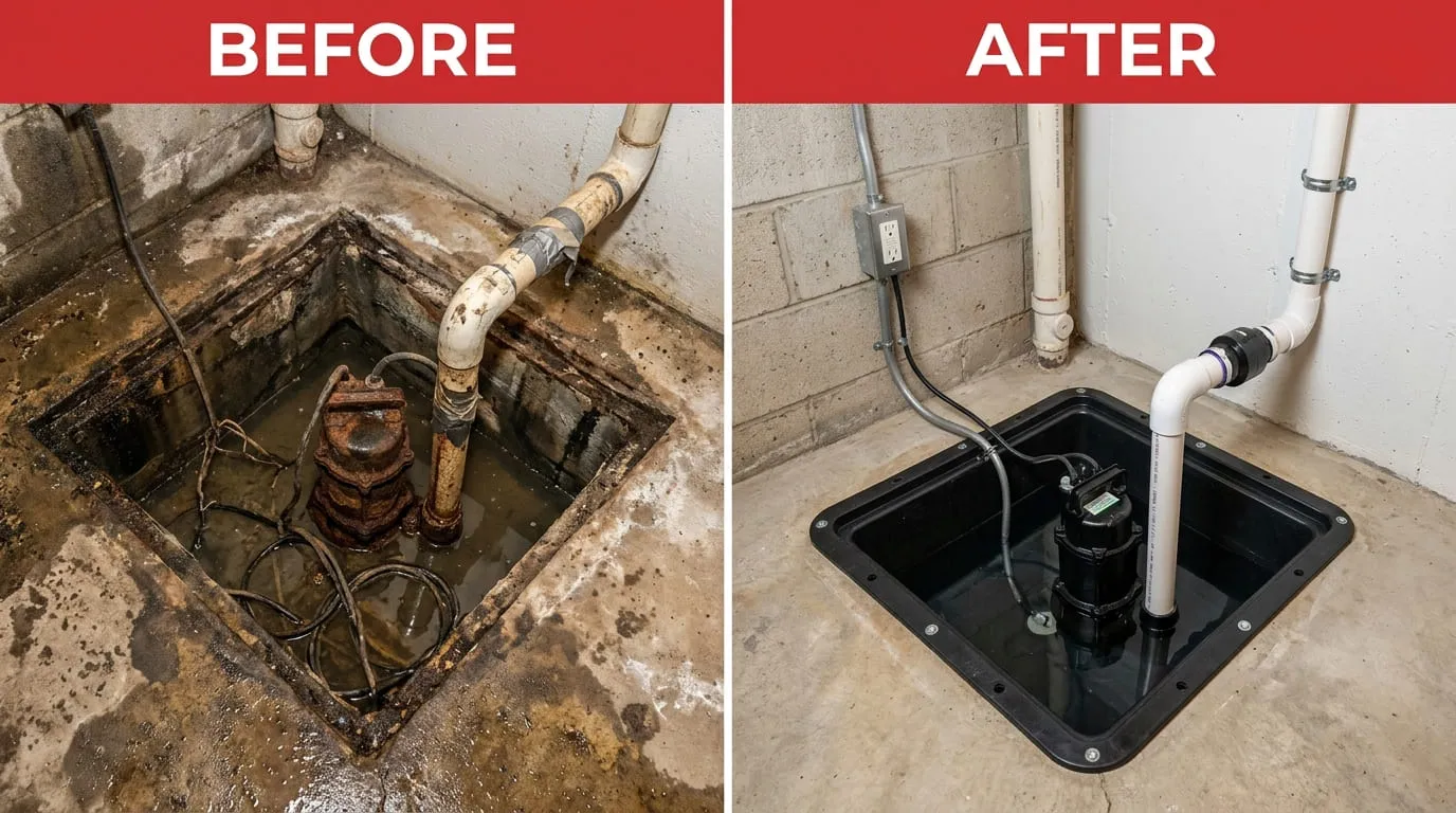 Sump Pump Repair & Replacement Before After - Belmar Wood Plumbing Lakewood CO