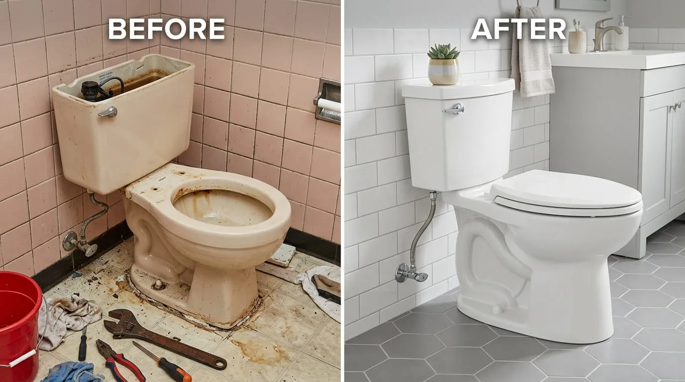 Before and After Toilet Repair Replacement - Belmar Wood Plumbing Lakewood CO