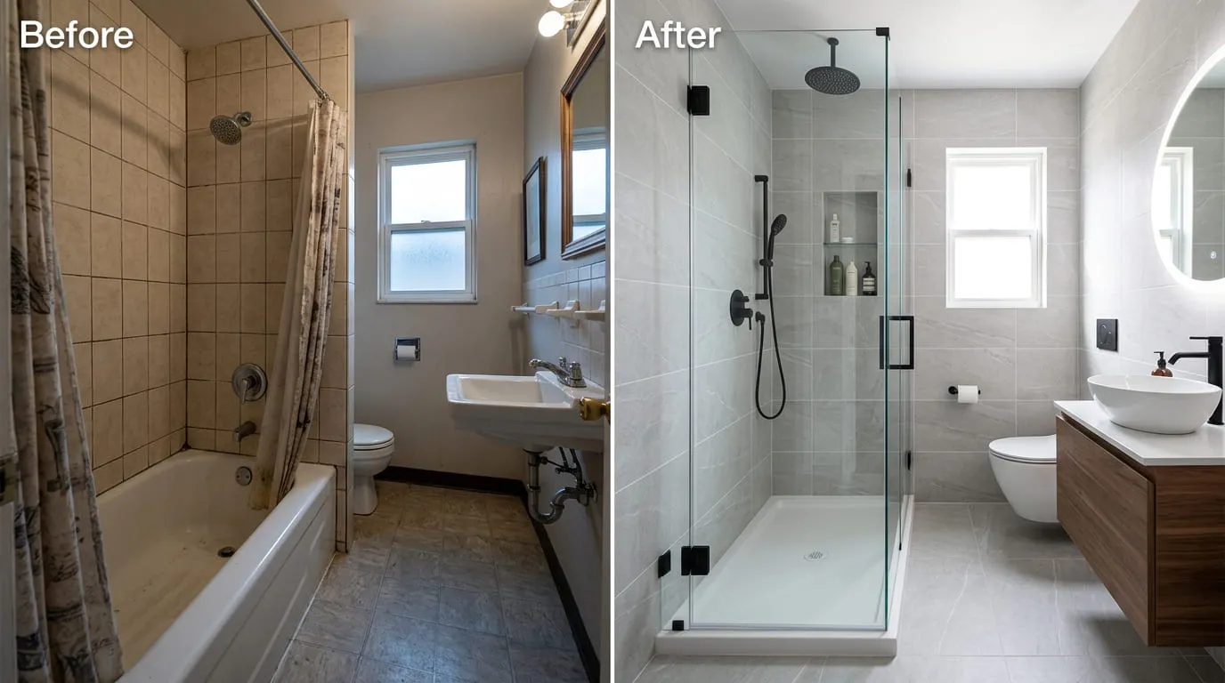 Tub-to-Shower Bathroom Remodeling Design Before and After — Belmar Wood Plumbing Lakewood CO