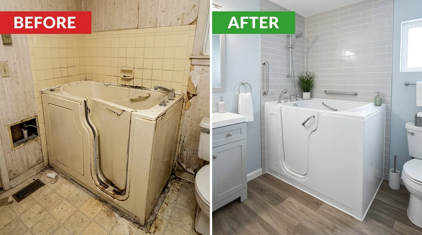 Walk-In Tub Repair and Replacement Before and After - Belmar Wood Plumbing Lakewood CO
