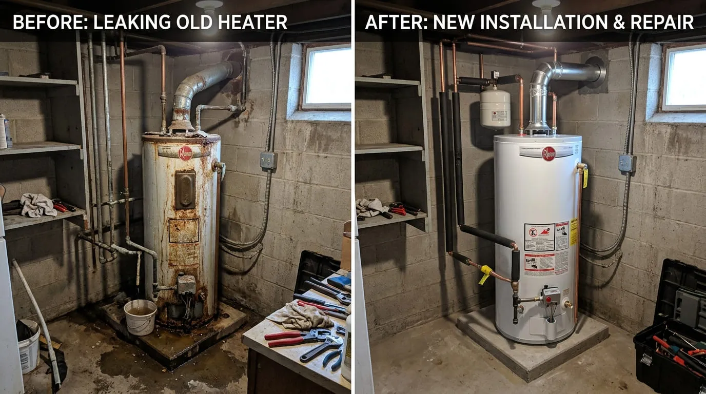 Water Heater Repair and Replacement Before and After - Belmar Wood Plumbing Lakewood CO